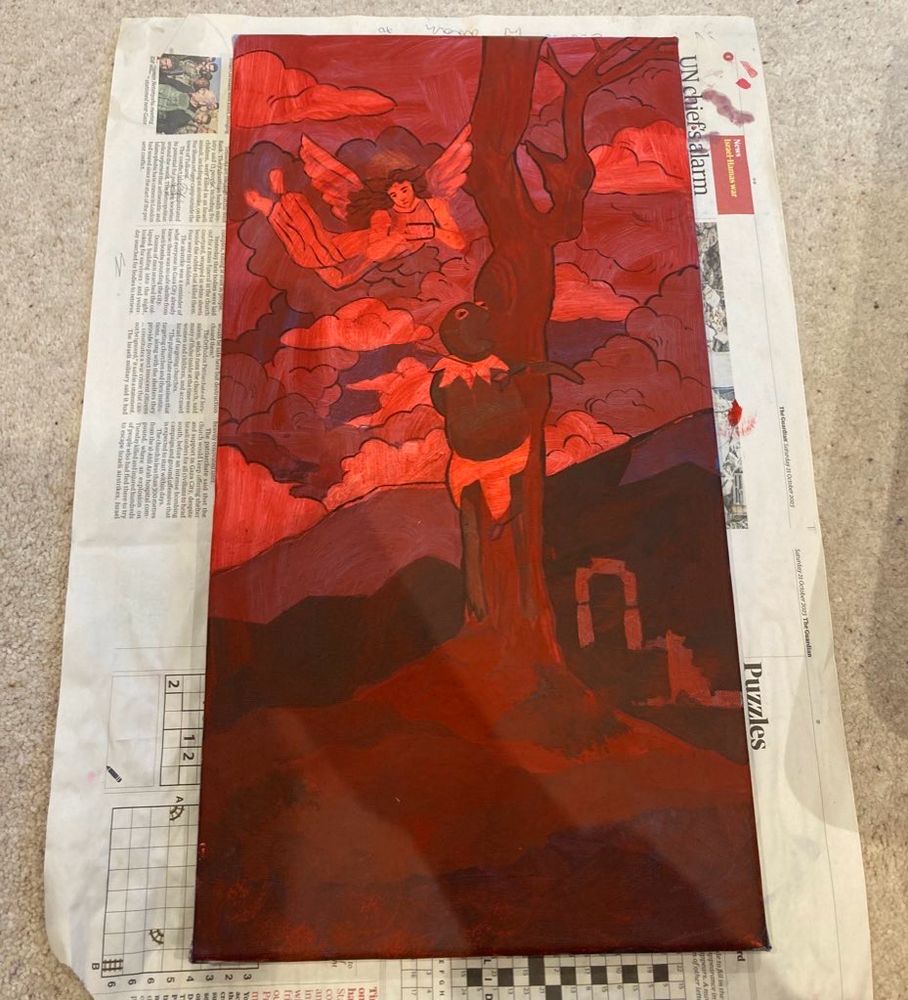 a painting of kermit the frog as saint sebastian, he is nailed to a tree with an angel watching from above. this has been painted over with a thin layer of red paint