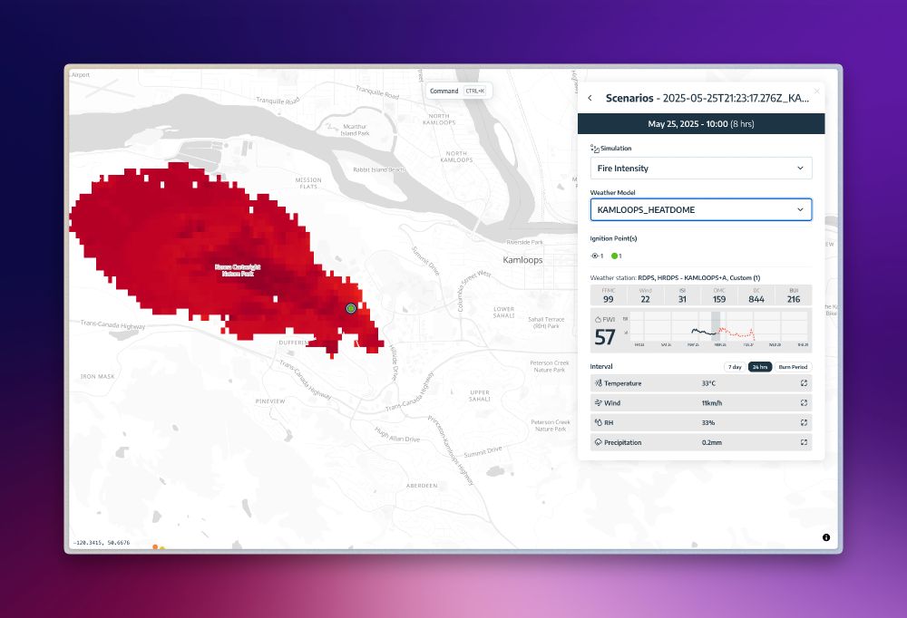 Screenshot of a white and grey map in LensVx with an ignition point in Kenna Cartwright Park in Kamloops. The UI has Fire Intensity and Kamloops Heat dome historic weather selected. The fire spreads significantly across the majority of the park from the ignition point as shown by a large number of red and dark red pixels.
