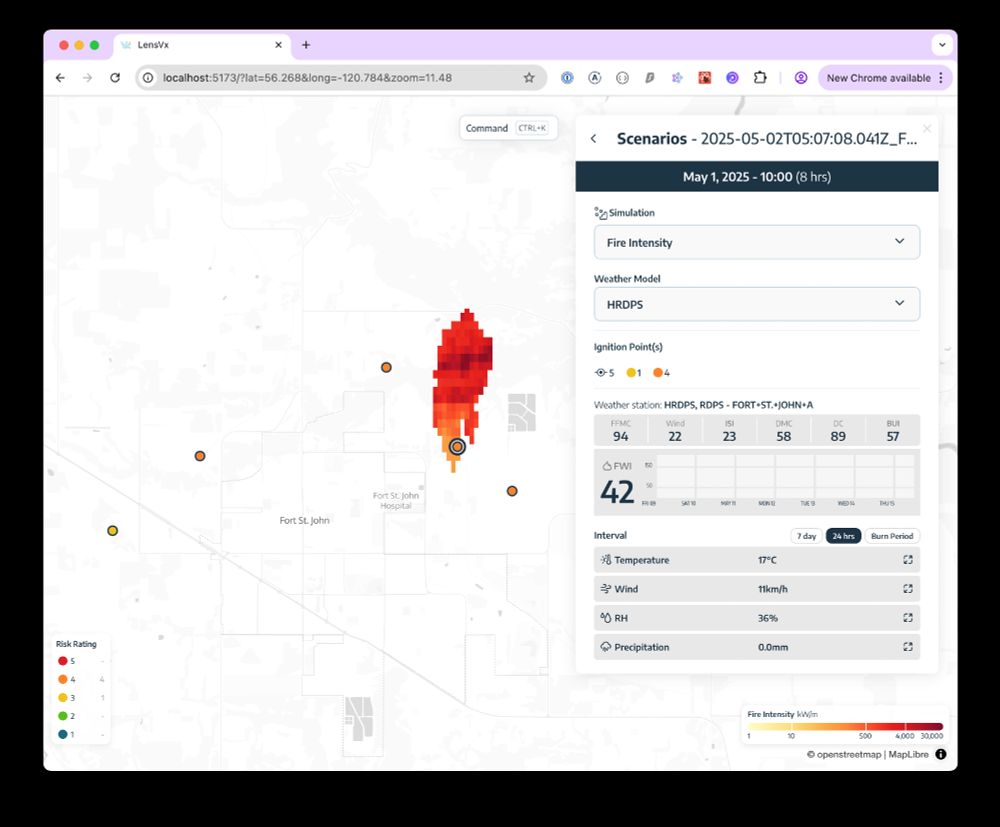 Screen shot of LensVx showing the fire intensity raster on a map. The output spreads to the north from a point on the map. The output is various shades of yellow, orange, and red.