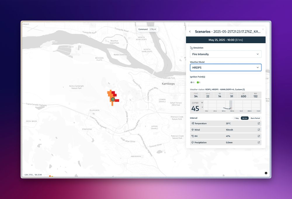 Screenshot of a white and grey map in LensVx with an ignition point in Kenna Cartwright Park in Kamloops. The UI has Fire Intensity and HRDPS weather model selected. The ignition point is surrounded by a small cluster of pixels in orange and red showing little fire growth during the 8 hour burn period.