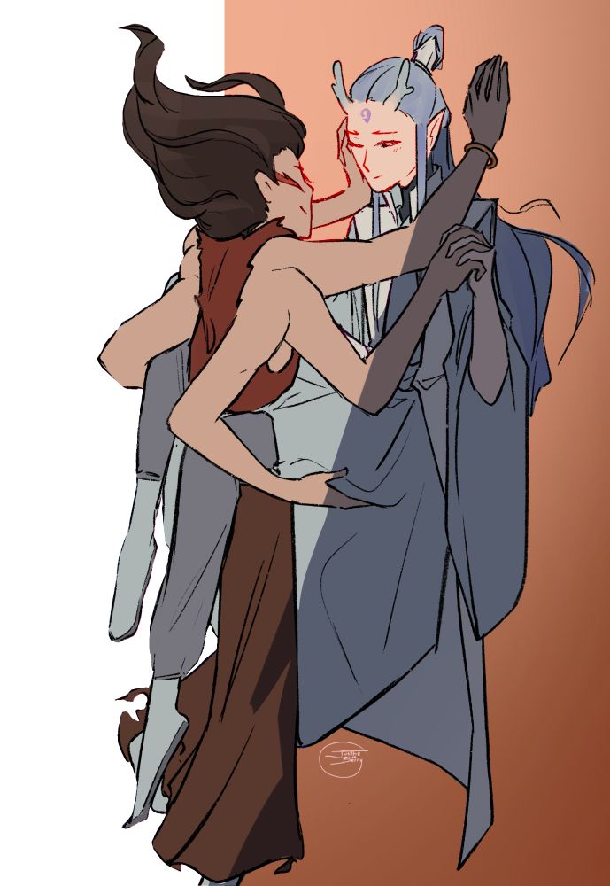 nezha in his six-armed form, carrying ao bing's legs with two of them; two more are holding his hands, one is touching ao bing's face, and the last is up against the wall nezha is pressing him against