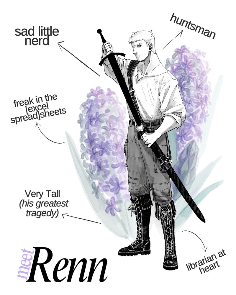 Image is of Renn from the novel Blackblood. The text reads: Meet Renn. Sad little nerd; huntsman; freak in the [excel spread] sheets; very tall (his greatest tragedy); librarian at heart