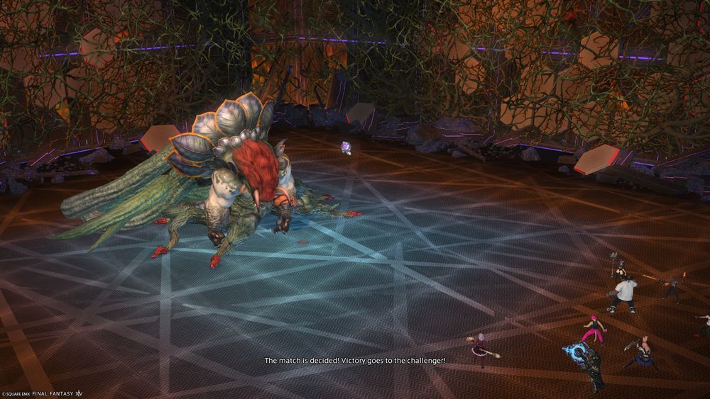 A screenshot from. FINAL fantasy XIV of a defeated monster. The text reads: the match is decoded! Victory goes to the challenger!