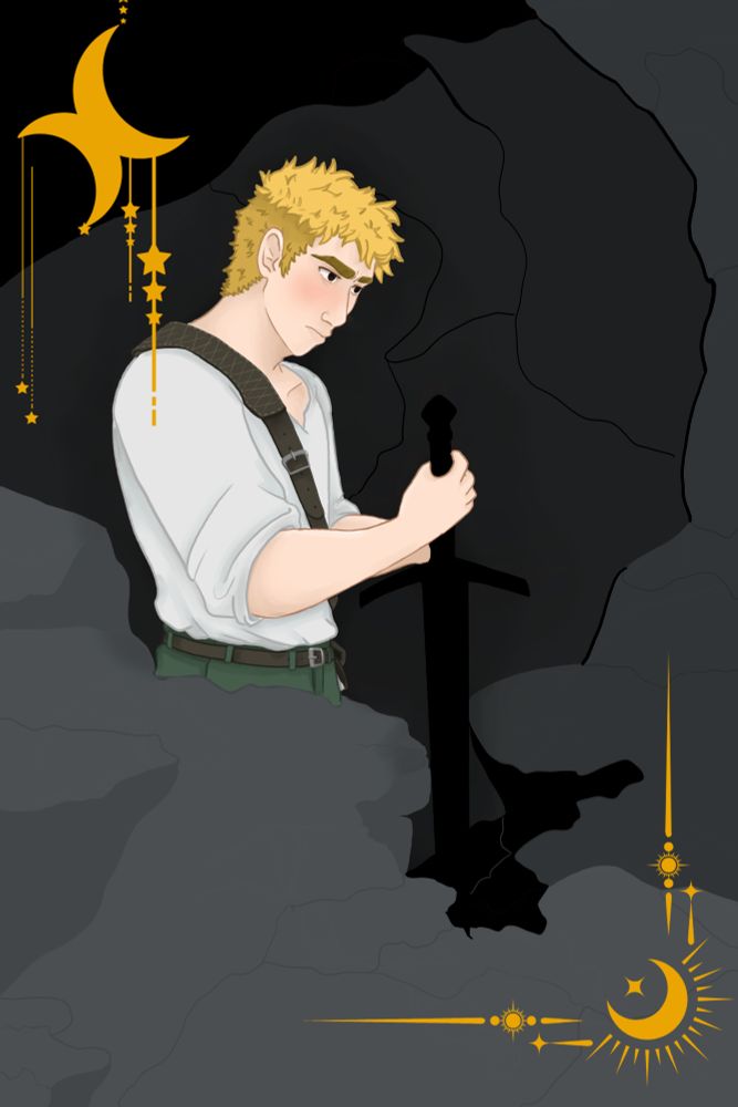 Art of Renn from the novel Blackblood. He had short blond hair and is surrounded by rock and holding a black sword