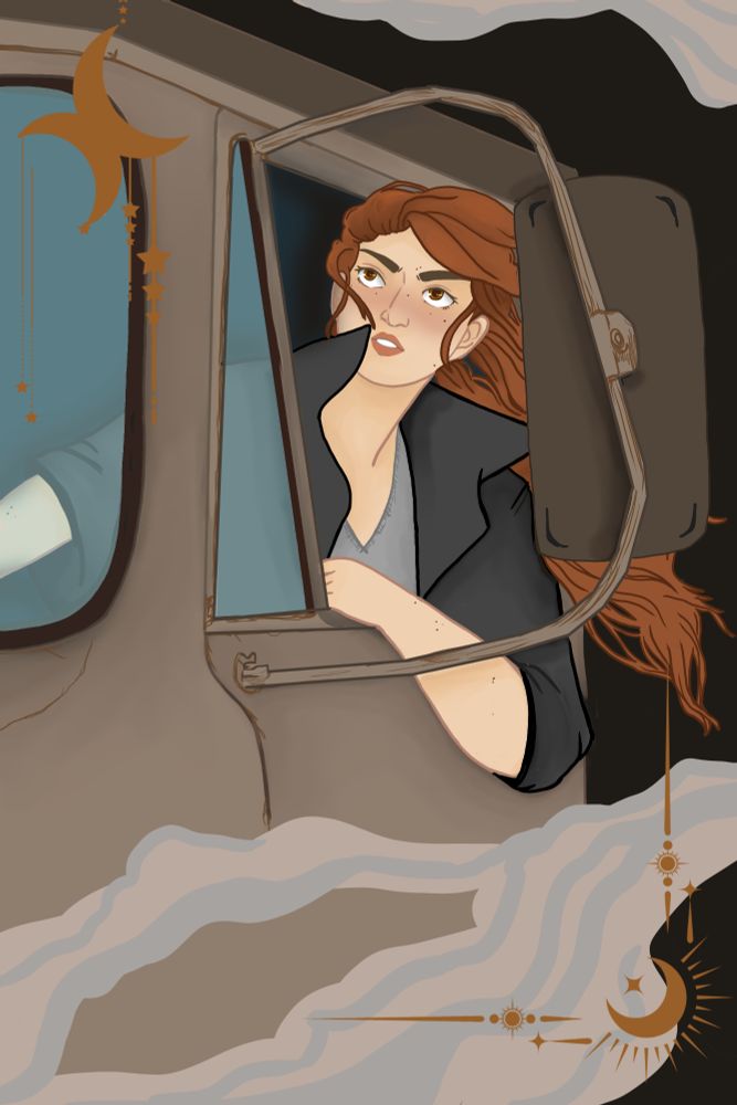 Art of Armina from the novel Blackblood. She has long brown hair and is leaning out a truck window