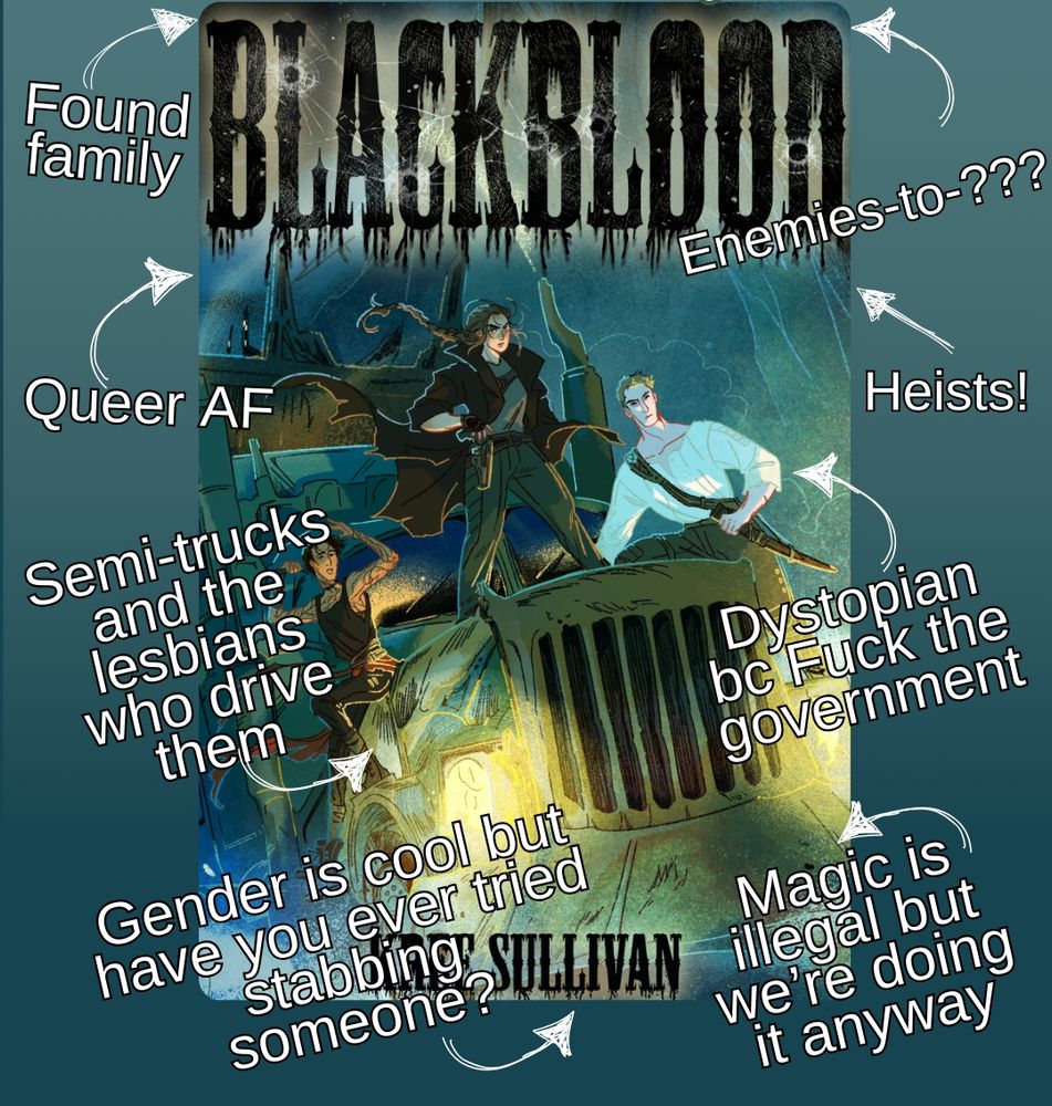 Cover of BLACKBLOOD surrounded by trope arrows: found family; enemies-to-???; queer af; heists!; semi-trucks and the lesbians who drive them; dystopian bc fuck the government; gender is cool but have you ever tried stabbing someone?; magic is illegal but we're doing it anyway