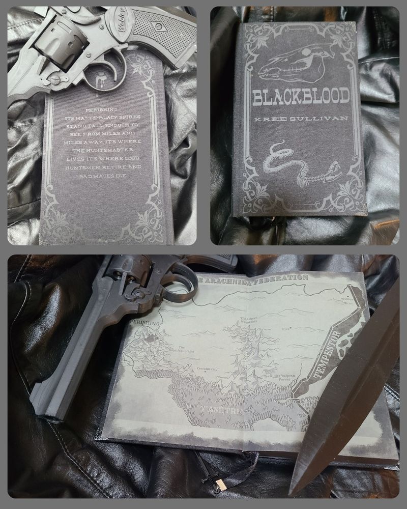 3 images of a handbound copy of Blackblood showing the back, front, and interior map