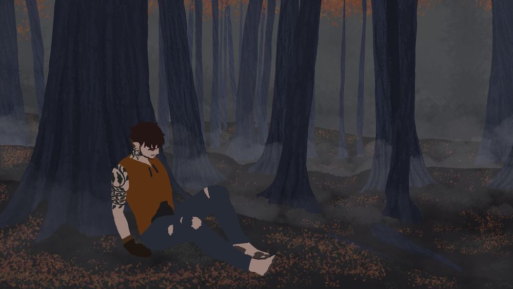 A digital drawing of a misty, autumnal forest with tall, dark brown trees. The ground is bumpy and sloped with long tree trunks jutting upwards at different angles. 

The streamer, Caberhook, is depicted slumped against the base of the closest tree, seemingly unconscious. They are a pale, modern looking elf with an orange sleeveless hoodie, ripped blue jeans, no shoes, and leather gardening gloves. They have messy brown hair, scruffy facial hair, green ivy tattoos up their arm and neck, and several gold piercings on their ears and face. 