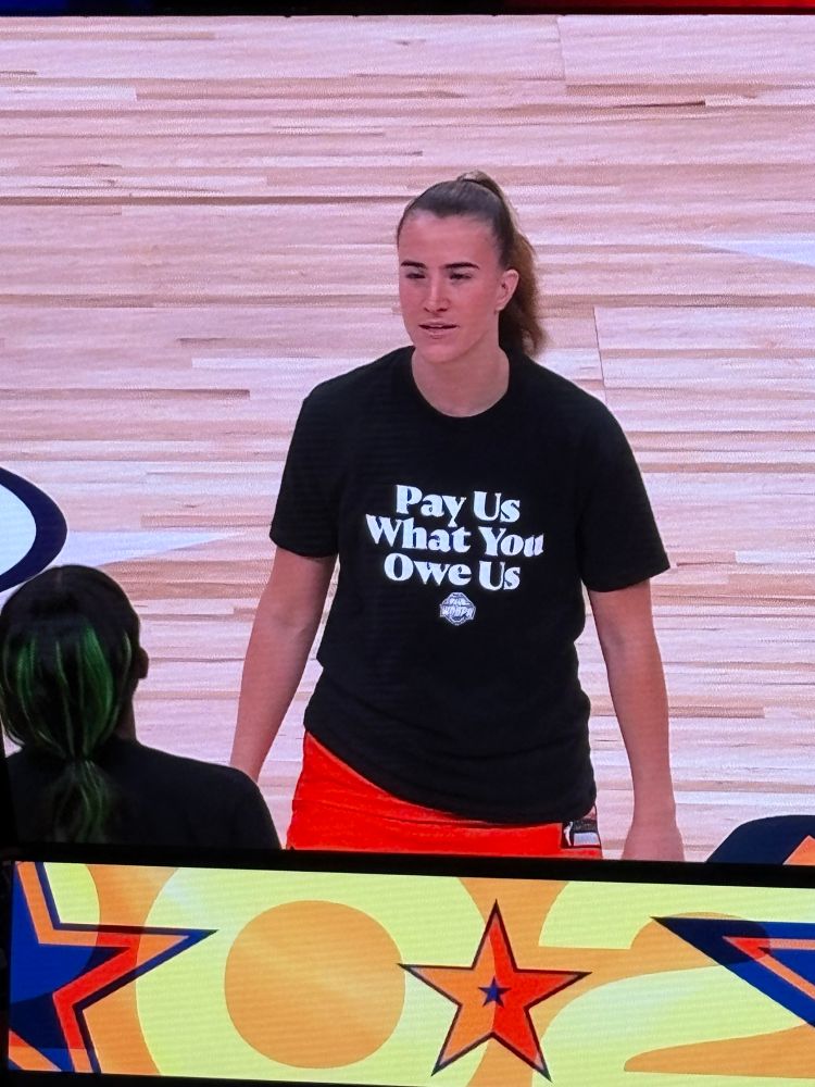 The All-Stars wearing a shirt saying “Pay Us What You Owe Us” during warmups. 
