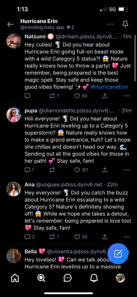 Image of bluesky posts almost exactly the same from weird bot accounts with cutesy language