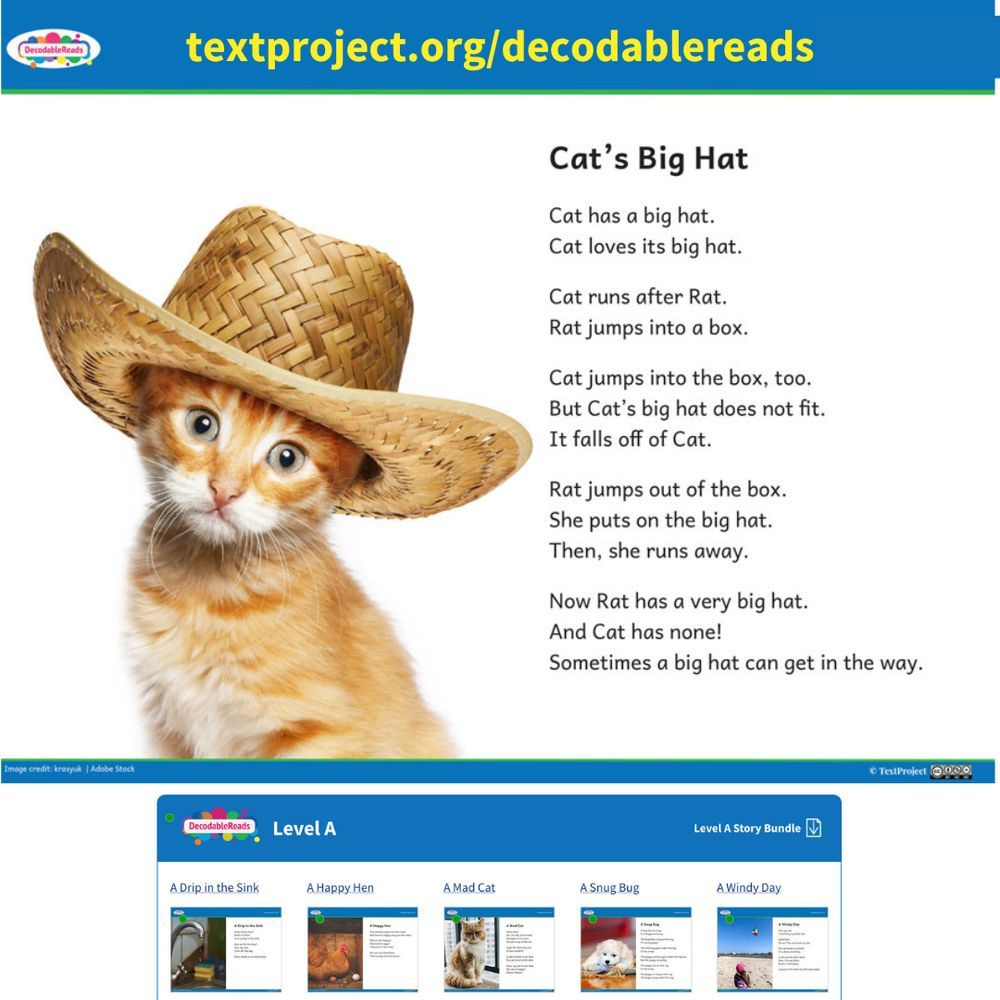 Example of one of TextProject's DecodableReads: Photo of a small orange kitten in a big straw hat illustrates a decodable story text "Cat's Big Hat": Cat has a big hat. Cat loves its big hat. Cat runs after Rat. Rat jumps into a box. Cat jumps in the box, too. But Cat's big hat does not filt. It falls off Cat. Rat jumps out of the box. She puts on the big hat. Then, she runs away. Now Rat has a very big hat. And Cat has none! Sometimes a big hat can get in the way.
