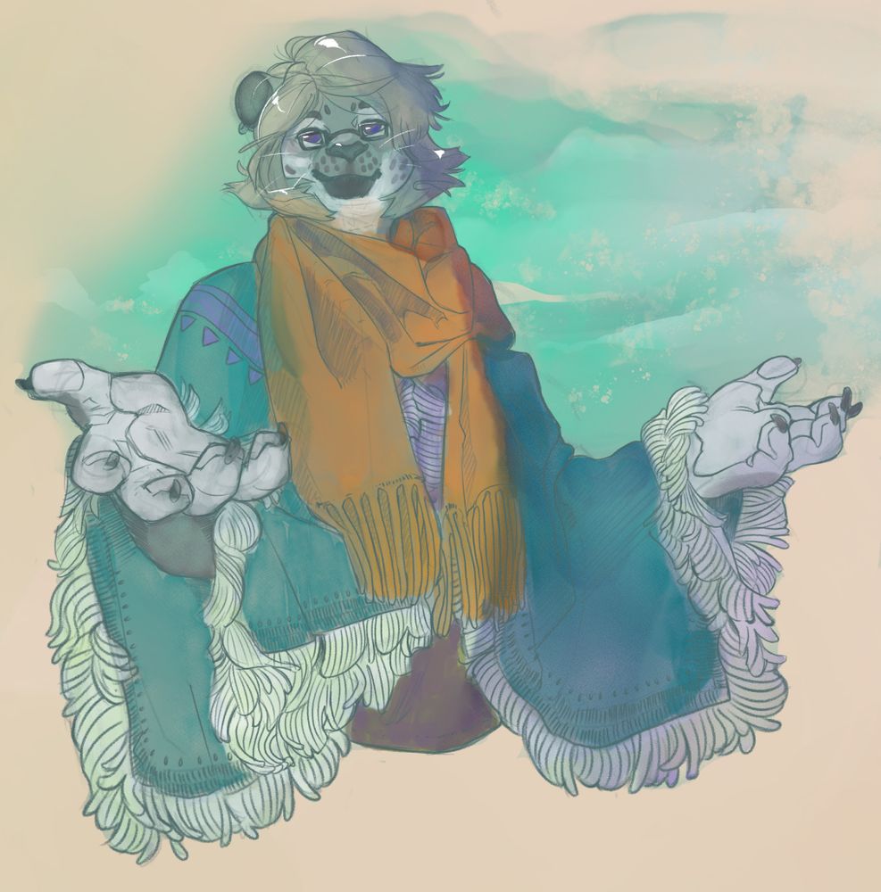 A picture of Snow Leopard "Norman Jackie Frost", clothed in warm shawls and spreading their arms with open, welcoming palms and a soft smile.