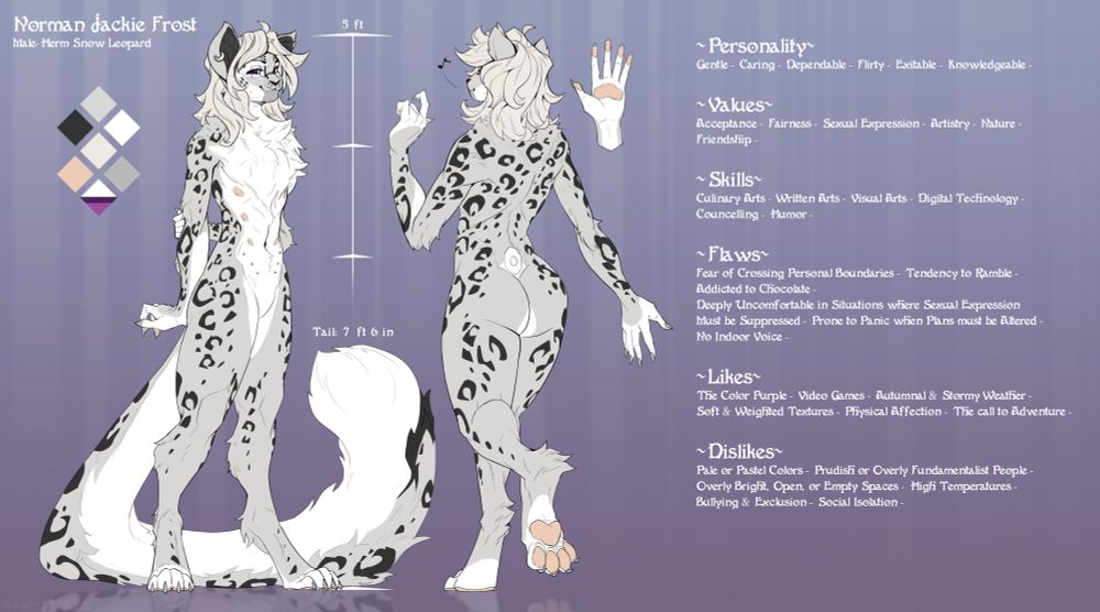 A Character reference sheet for Norman J. Frost, an anthropomorphic Snow Leopard, showcasing their appearance and detailing a number of personality traits.