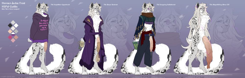 A succession of four different, Substantially revealing outfits as modelled by Anthropomorphic Snow Leopard Norman J. Frost.