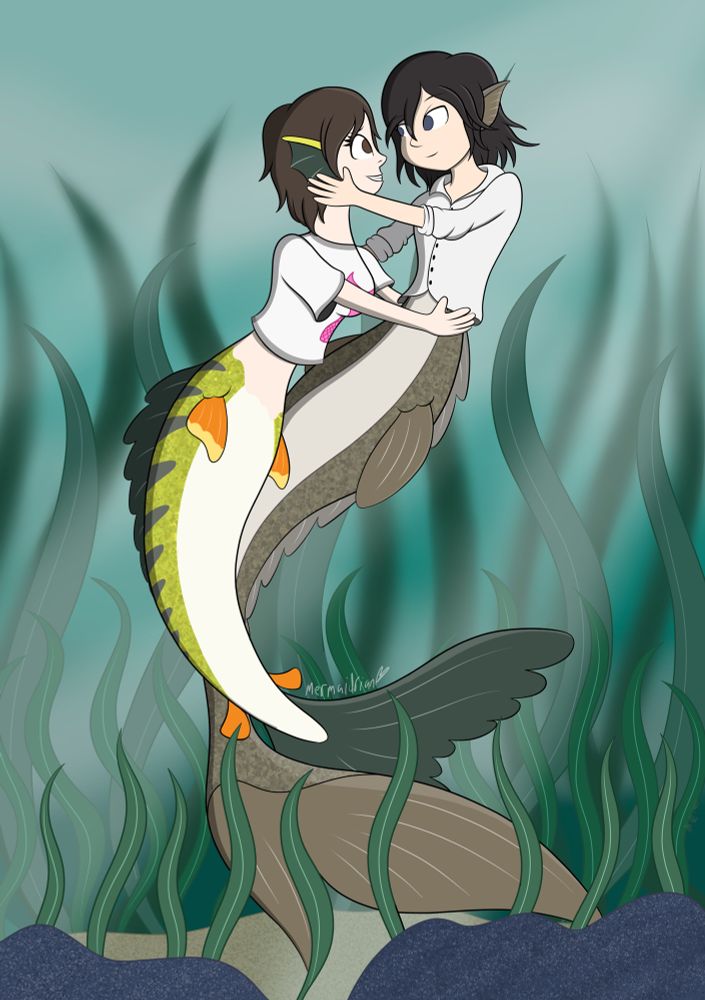 Two mermaids holding onto each other and looking into each others eyes in an underwater kelp environment 