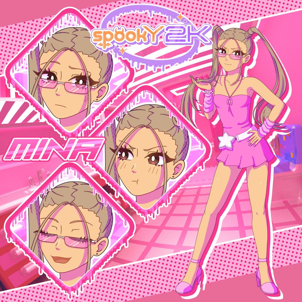 SpookY2K character preview: Mina! A stylish girl with twin tails and a pink mini dress