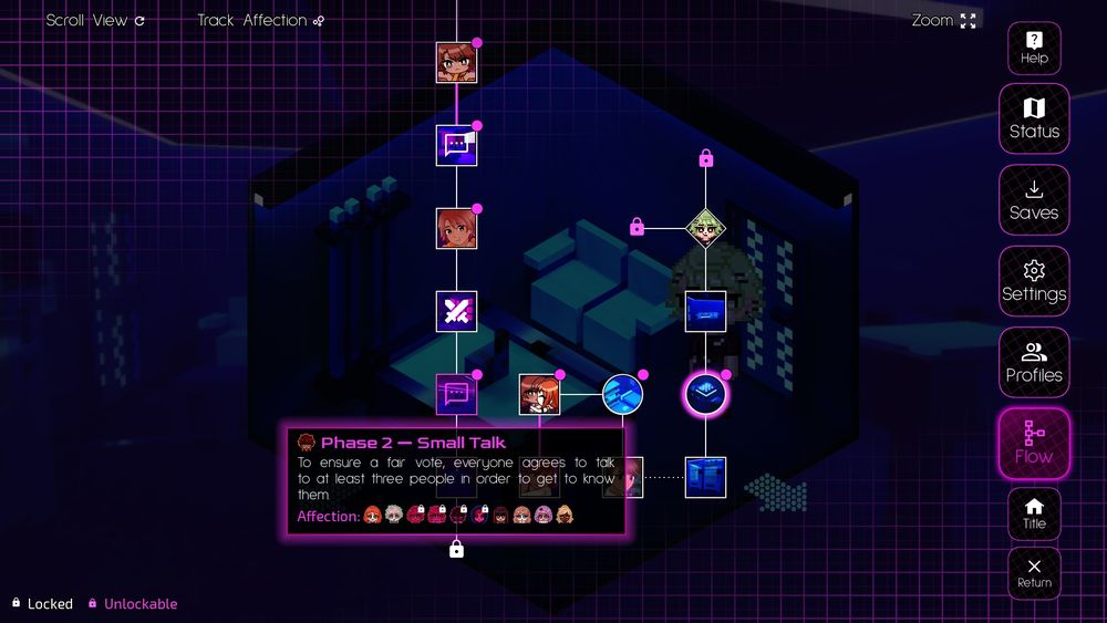 An old screenshot of the flowchart. The UI elements are pink on a black background.