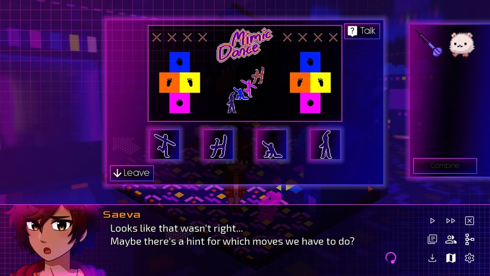 Screenshot of an escape room puzzle with flashing lights and dancing figures.