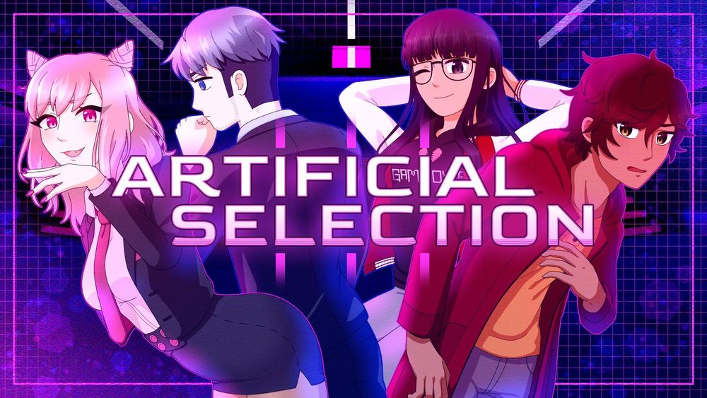 Promo graphic for Artificial Selection, featuring a sneaky woman (Vanagloria), a pensive man (Tristitia), a relaxed girl (Effera), and the stressed-out main character, Saeva.