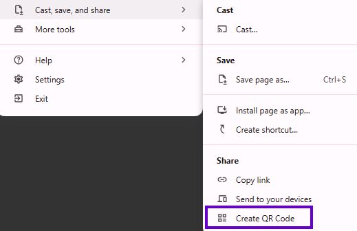 To generate a QR code, just go to the website you want and then open your browser's menu. In the case of Google Chrome, open "Cast, save, and share", and the option to "Create QR Code" can be seen at the bottom.