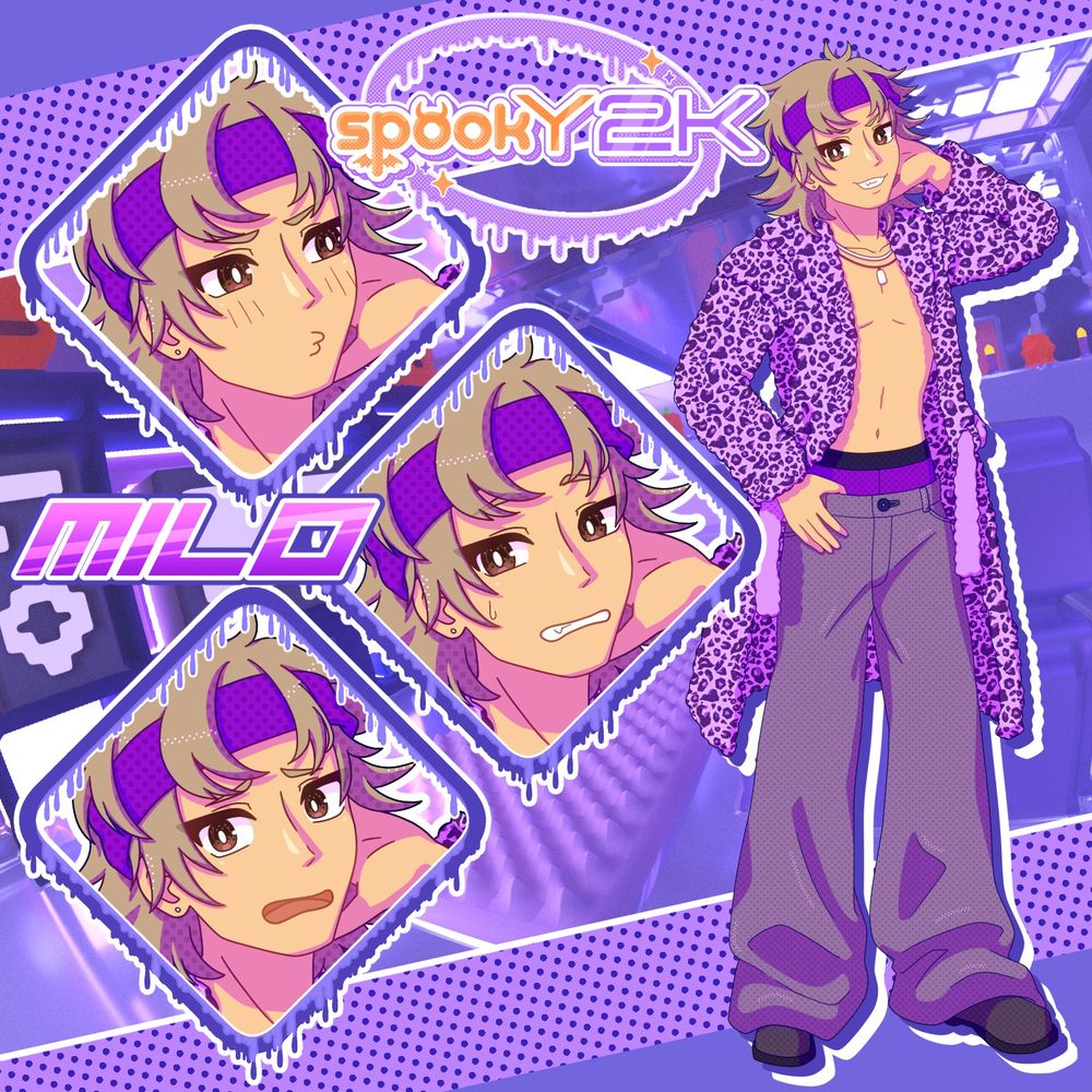 SpookY2K character preview: Milo! A shirtless guy with the worst purple leopard print coat of all time