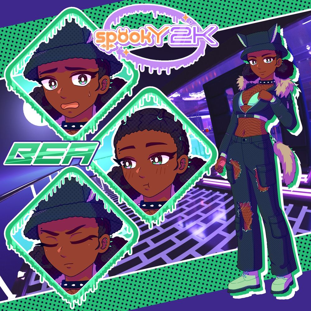 SpookY2K character preview: Bea! An rave girl werewolf with the cutest bucket hat you've ever seen