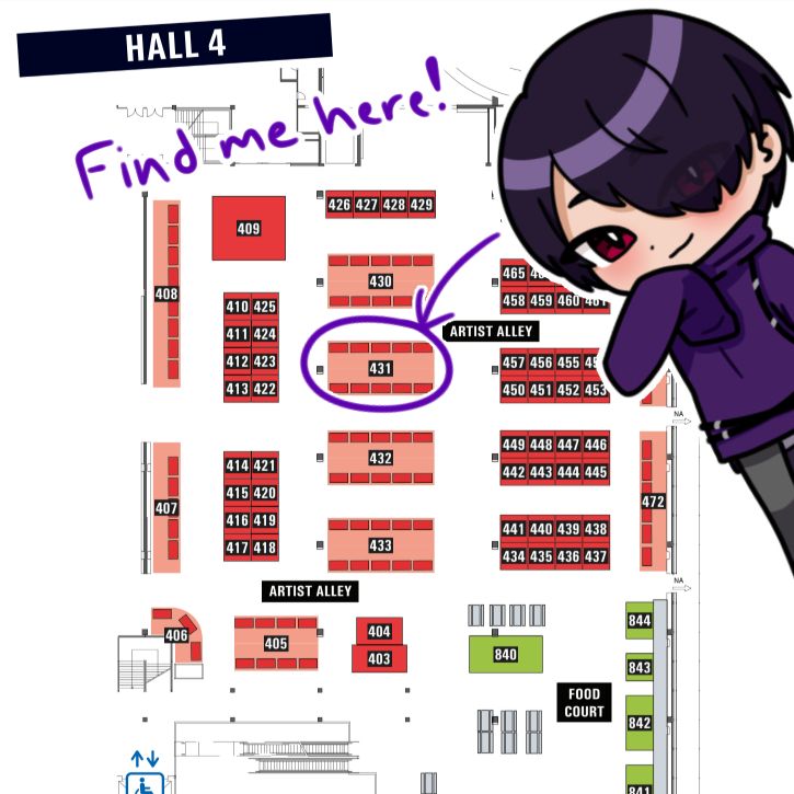 Map of Zurich Pop Con with an arrow pointing to the Artist Alley in Hall 4, Table 431