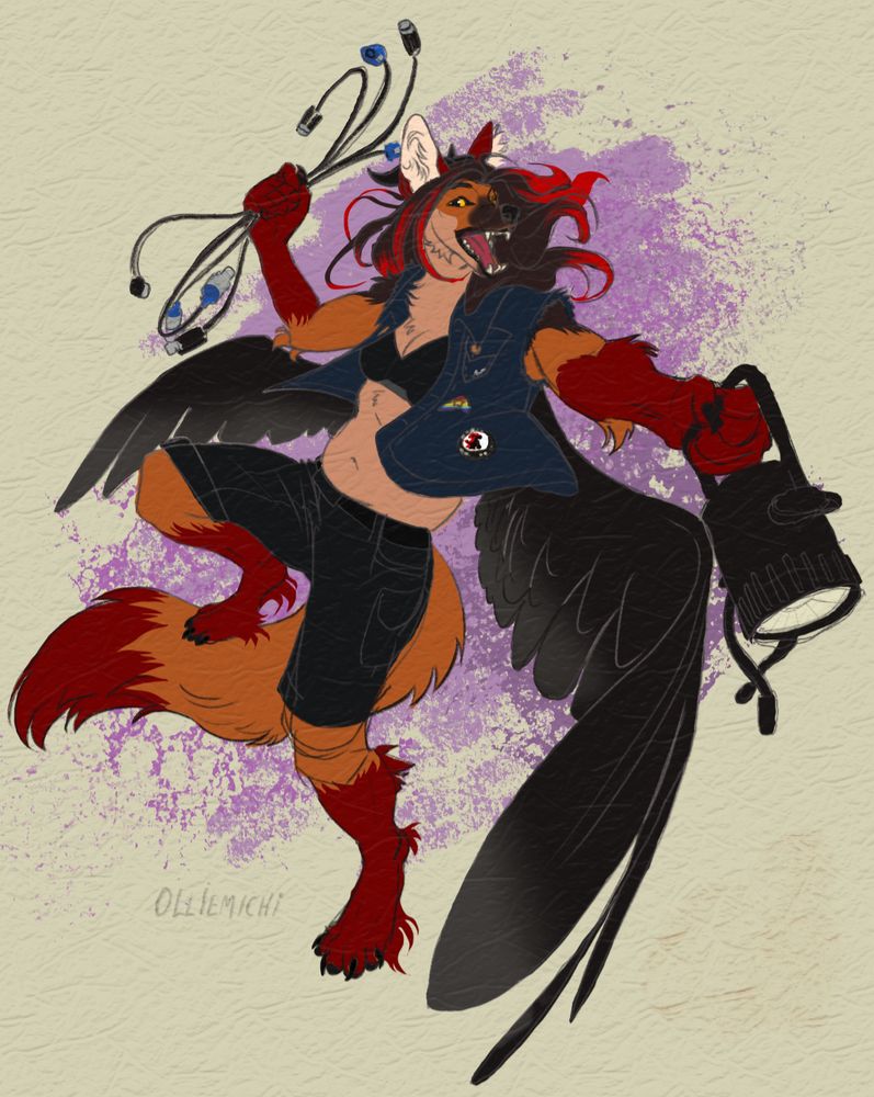 A digitally drawn image a female anthropomorphic maned wolf with horns and wings. She's got long brown hair with red tips. The underarms, paws and the legs down to the knees are colored in a dark red, as well as the ears and the tail tip. She's flying with some cables (DMX and Powercon) in one hand and a lamp (Cameo Q-Spot 15) in the other and smiling a big smile :)