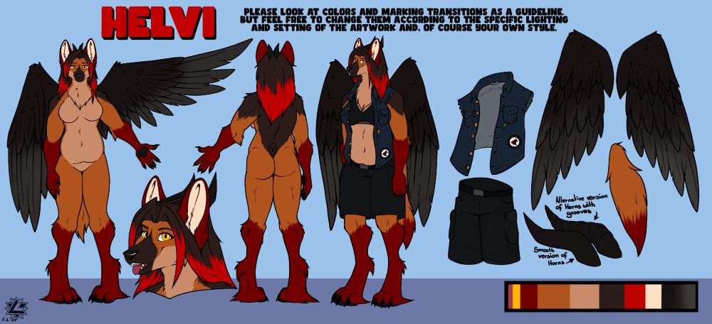 Refsheet of a female anthrpomorphic maned wolf with wings with a vest, horns and cargo pants