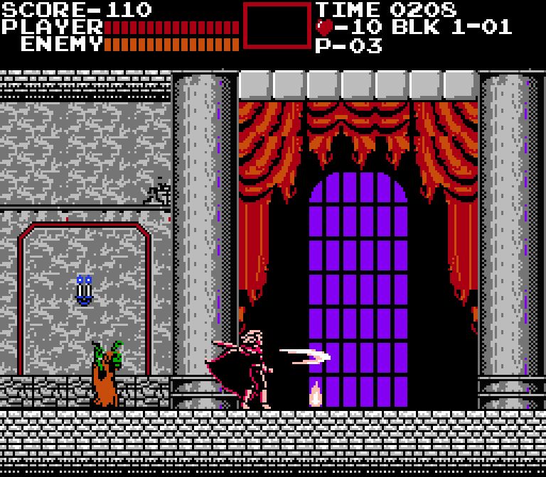Pixel art of the opening stage of Castlevania: Symphony of the Night, re-imagined as though it were released on the NES.