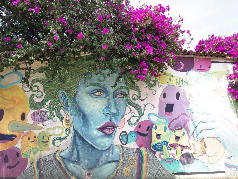 Woman’s face with flowering plant in place of hair 