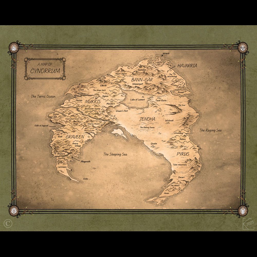 A fantasy-style map of the fictional continent Cynorrum, featured in Seekers of the Stoneheart. The parchment-colored map displays diverse regions including Mukkis, Graveen, Jenoha, Bann-Gar, Havarria, and Pyrus. Notable landmarks include Blackwater Swamp, Aramore, Noakwood Hollow, The Sleeping Sea, The Raging Sea, Lake of Lament, and Mogoroth. Mountains, forests, rivers, and cities are illustrated with hand-drawn details, all enclosed in a decorative border.