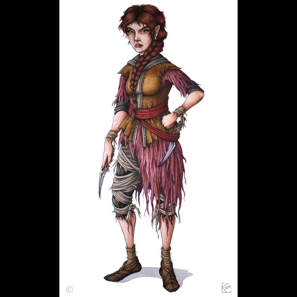 This image depicts Vee, a green-eyed Elven girl standing boldly with a stone dagger held to her side. Her fair complexion is dotted with freckles, and stone jewels are pierced in her pointed ears. Two bangs frame her face, while the rest of her auburn hair is tossed over her shoulder in a wide braid. She wears a closed vest with a red belt over her distressed pink dress, and her legs are wrapped in black and beige fabric. 