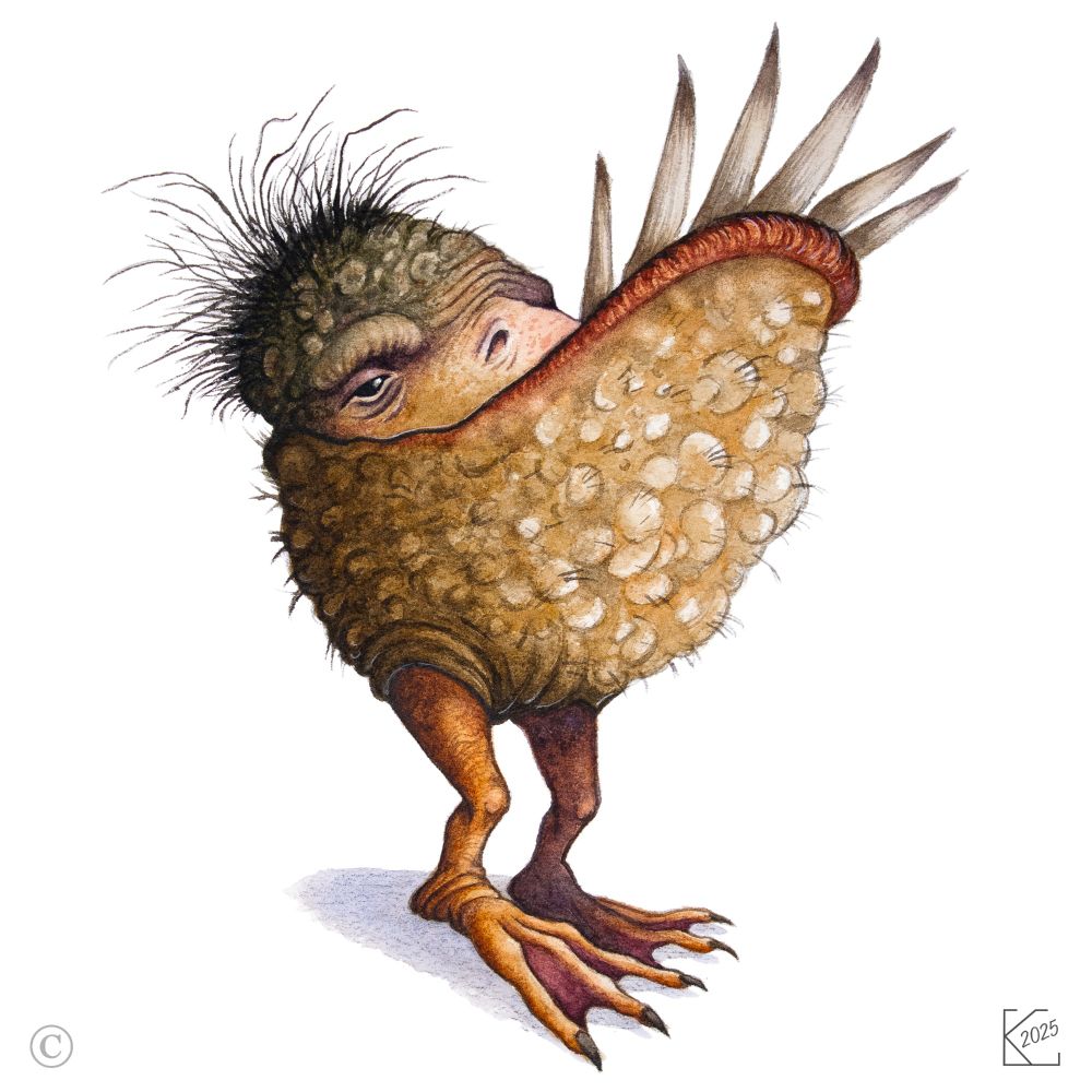 Crog illustration- a clam-shaped creature with bumpy green and yellow skin, standing on two duck-like legs. It has a black beady eye beneath a scraggly-haired forehead, and jagged teeth jutting from a wide underbite.