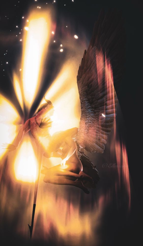 Obscured nsfw scene of Rolan the wizard from Baldur’s Gate and his Aasimar girlfriend suspended mid air amongst divine smite lighting