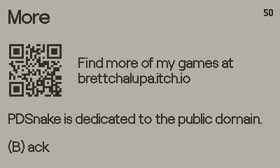 More screen with a QR code and text pointing to brettchalupa.itch.io to find more games