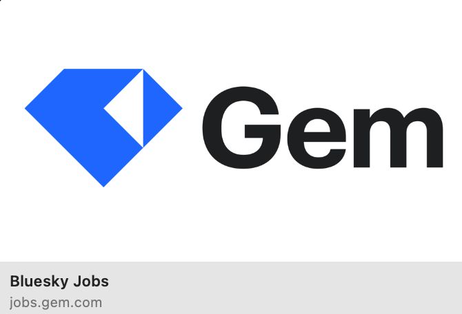 screenshot of a social thumbnail, Gem logo (wordmark with blue gem icon) and below it "Bluesky Jobs jobs.gem.com" text. 