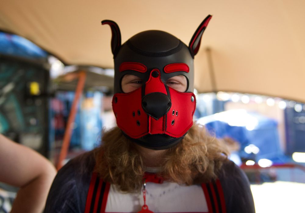A picture of me in a petsuit and red pup hood at Mucky Pups! My hair is rahh flowing down on the sides. A red-and-black harness, red collar and red collar tag are slightly visible.