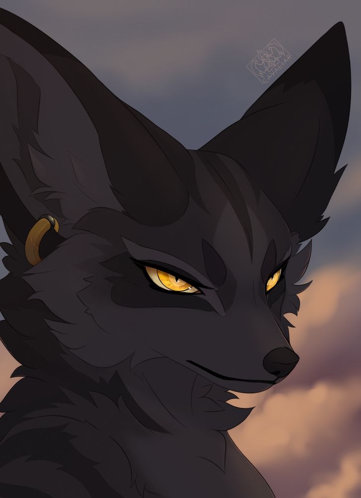 A female vulpera with black fur and stark golden eyes stares confidently at the viewer.