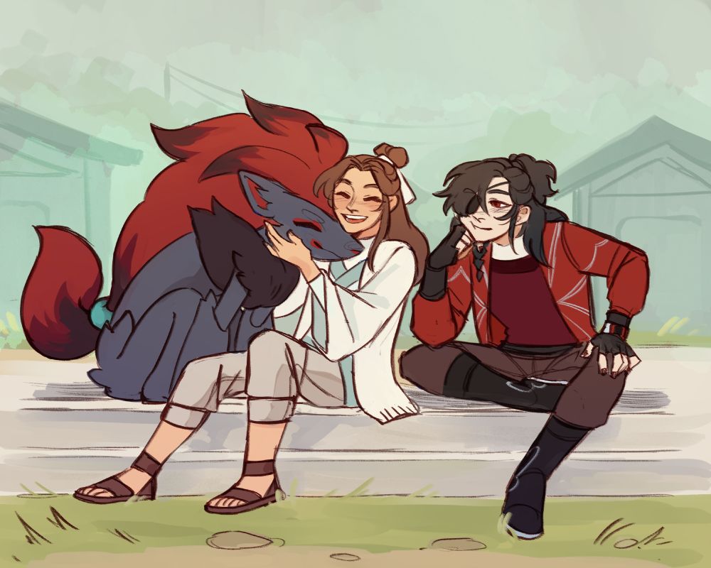 TGCF Pokemon AU. Features Xie Lian and Hua Cheng sitting together on a set of steps. Xie Lian is leaning back with a wide smile as a Zoroark leans into his space to cuddle him. Hua Cheng is leaned forward with one leg crossed and his cheek pressed against his hand as he smiles warmly.