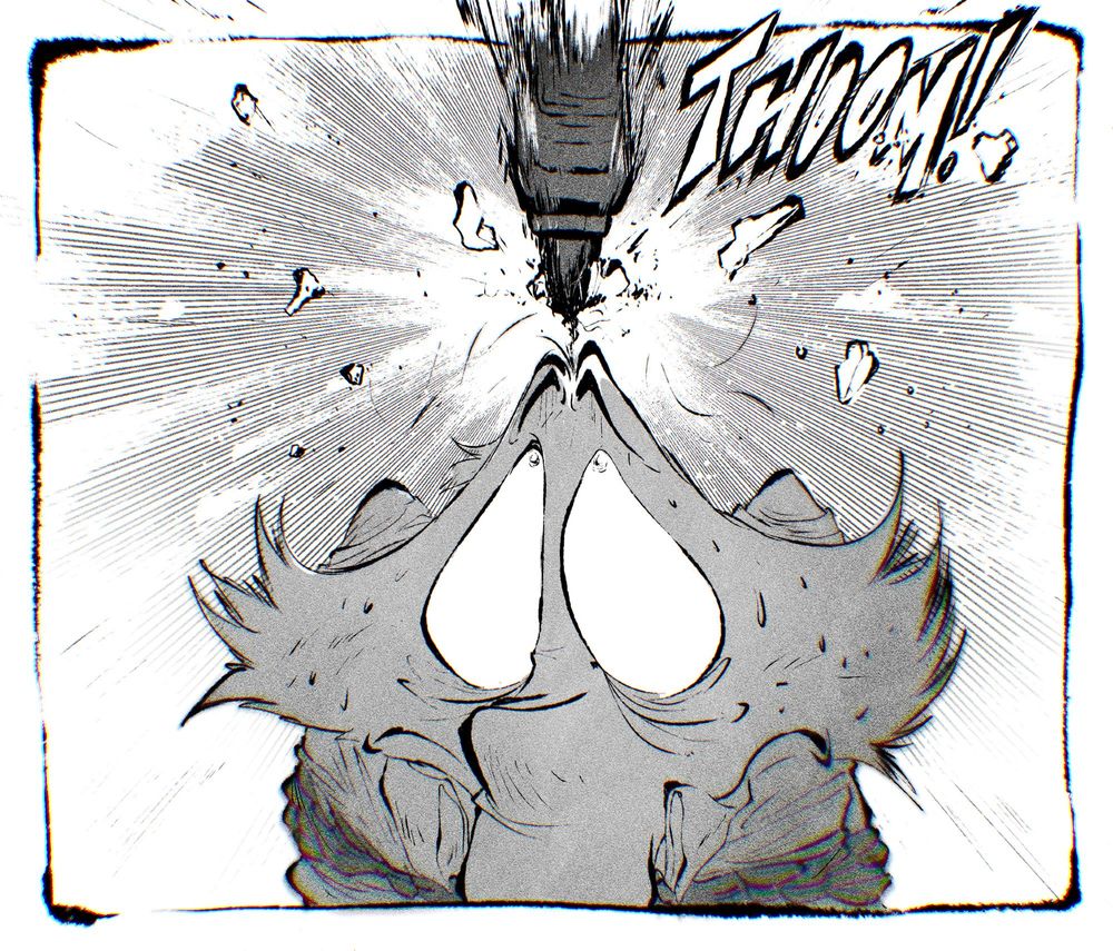 A sharp knife is thrown at the top of Mr. Wolf's head.
Mr. Wolf is tied up and terrified.