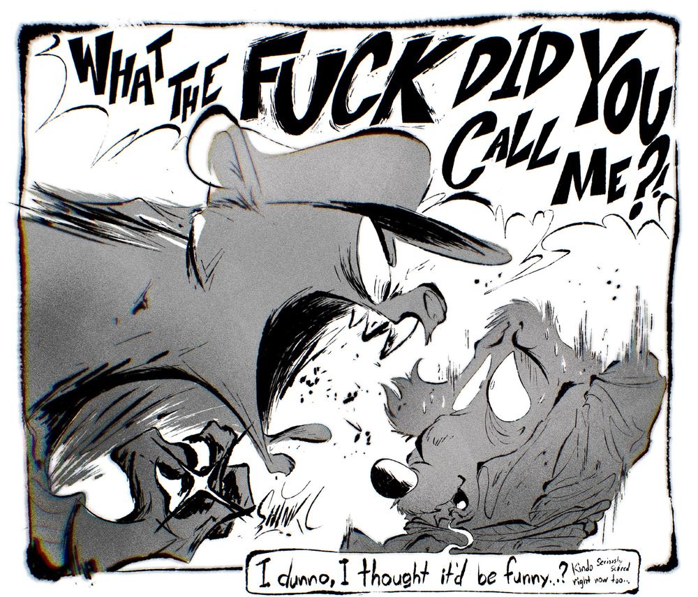 Kitty Kat, furious and ready to claw his eyes out, screams at Mr. Wolf, demanding to know what he just called her.
Mr. Wolf, even more terrified than ever before, explains himself.
