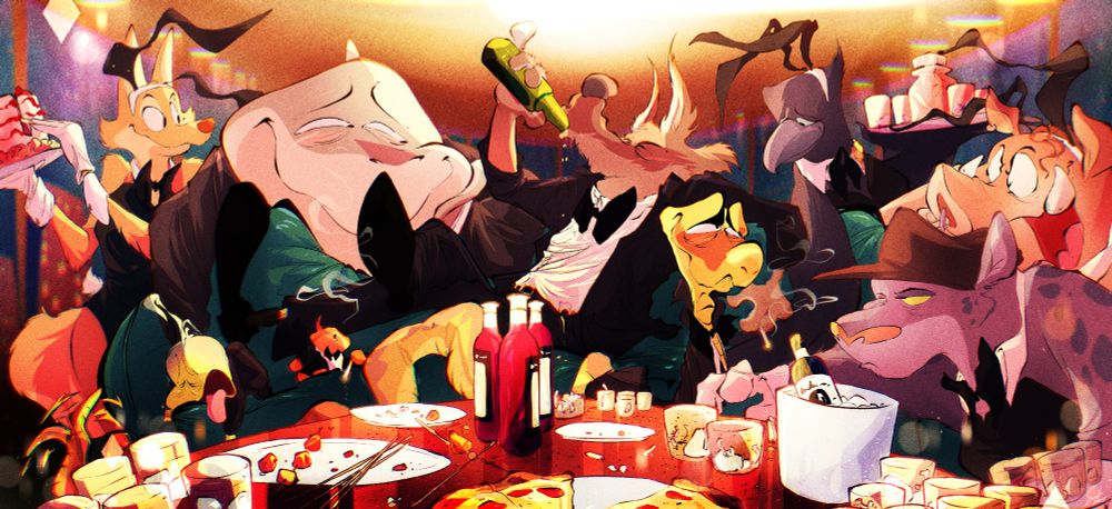 The Bad Guys in a Vegas lounge drinking and eating, completely drunk.
Diane, Kitty Kat, Doom and Pigtail are dressed up as Playboy bunnies, serving The Bad Guys food and drinks.