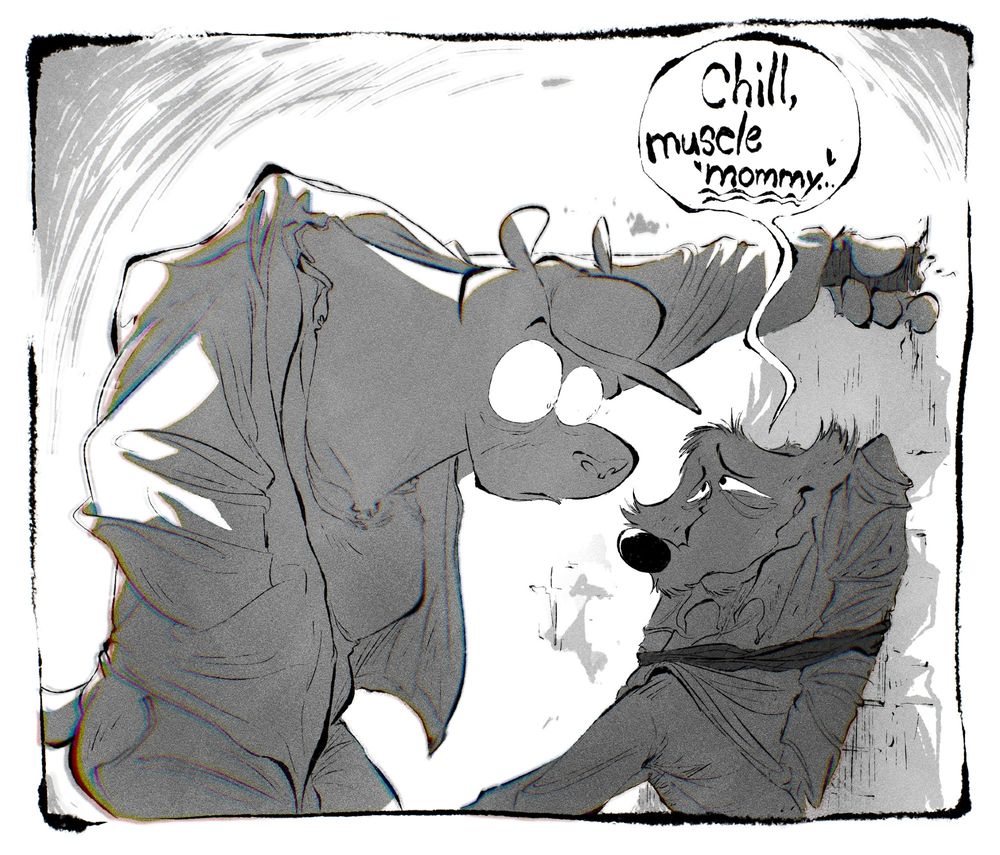 Mr. Wolf tries to make light of the dangerous situation and joke around,
calling Kitty Kat "muscle mommy <3."
Kitty Kat is flustered and dumbfounded by this sassy response.
