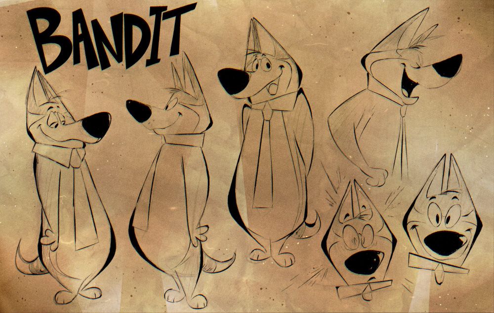 A model-sheet of a Hanna-Barbera stylized Bandit Heeler from Bluey.