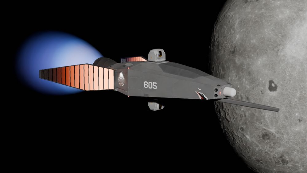 An experimental Space Fighter is in high orbit over the moon with it's fusion engine running and readiators glowing red Hot.It is adorned with shark teeth and eyes by its crew.