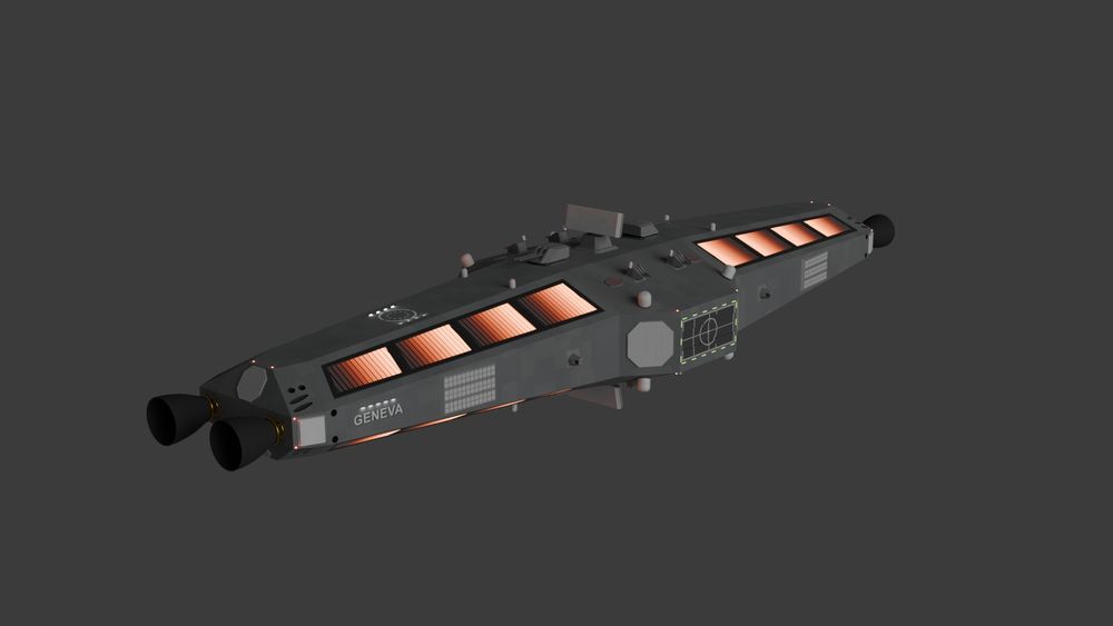 A spacecraft with engines on both ends is lit on one side by a light,it's a space destroyer armed with cannons and missiles  and it's painted in a light gray colour while the Radiatord are glowing.