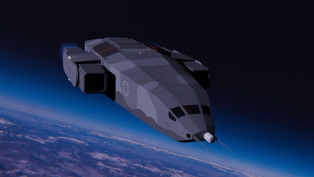 A single stage to orbit cargo shuttle is in low earth orbit over earth.It has 4 main engines situated at its sides with two front,two back that maneuver when the ship is in landing more or take off mode.It has a grey low Viz camo scheme helping it blend with the backdrop of space and the Lunar surface.