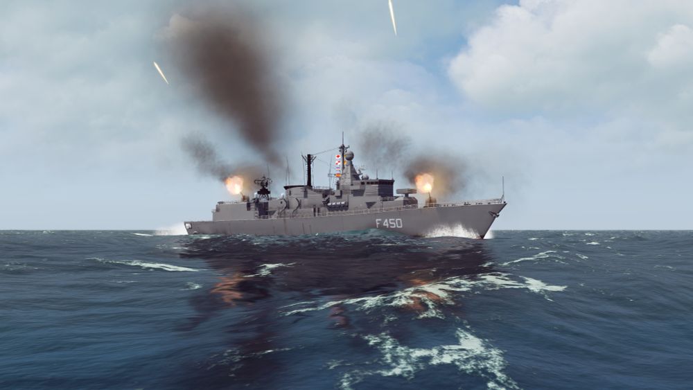 The Elli class Frigate can be seen from the stern firing it's main weapons during a firing exercise somewhere in the Mediterranean ocean.The ship has a low silhouette and it's painted grey to blend with the environment better.