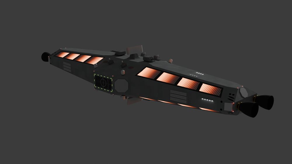 A spacecraft craft with engines on both ends is showing its dark side with the lights of a docking bay glowing ands it's radiators.It is painted in light grey camo and it's armed with various cannons and missiles